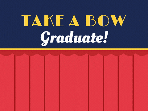 Take A Bow Graduate Stage Take a bow, Graduate message with red stage curtains opening on a graduation cap in a spotlight