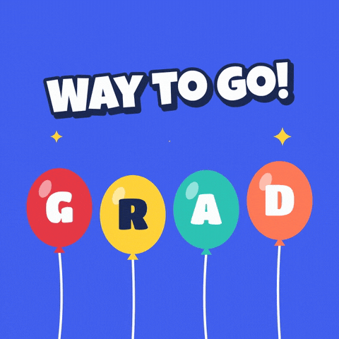 Way to go graduation message with four bobbing balloons spelling GRAD on a bright blue background