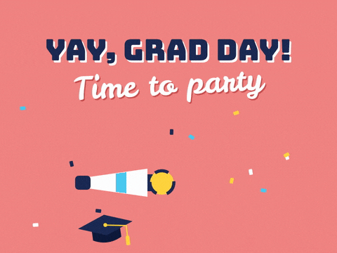 Yay, Grad day, time to party message with a party horn unrolling and confetti on a coral background