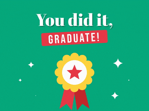 You Did It Graduate Rosette You did it, Graduate message with a spinning gold award rosette, red ribbons and white sparkles on green