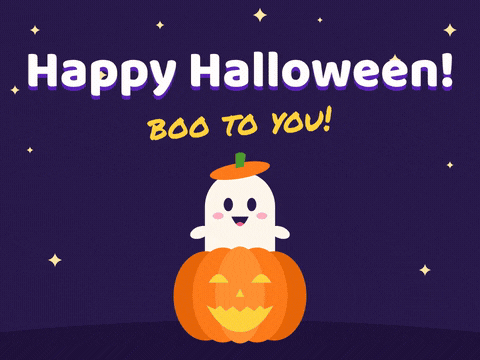 Happy Halloween boo to you with a cute ghost rising out of a glowing jack-o-lantern and lifting its lid at night