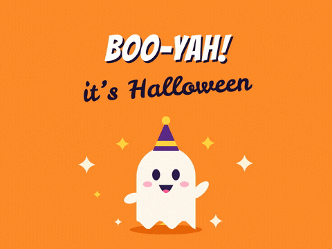 Boo-yah it’s Halloween with a jumping white ghost in a purple party hat and popping cream stars on bright orange