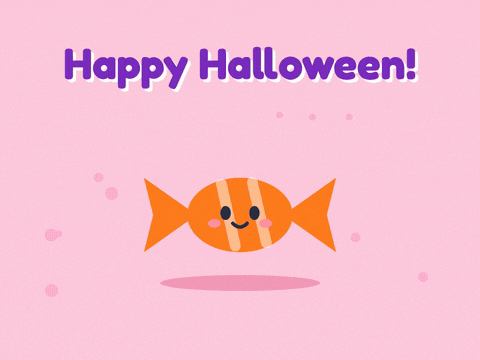 Happy Halloween, nice costume, a cute wrapped orange sweet pulls on a white ghost sheet costume on pink