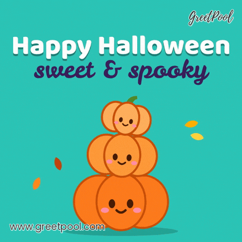 Happy Halloween, sweet and spooky, three smiling stacked pumpkins wobble like jelly on a teal background