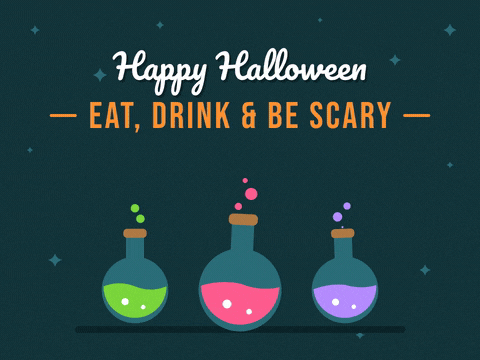 Eat Drink Be Scary Halloween Potions Happy Halloween eat, drink and be scary with three bubbling potion bottles in green, pink and purple on dark teal