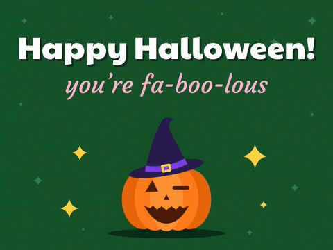 Happy Halloween you’re fa-boo-lous with a winking orange pumpkin wearing a tilting purple witch hat and sparkles on green