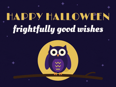 Happy Halloween frightfully good wishes with a purple owl blinking and tilting its head on a branch before a gold moon