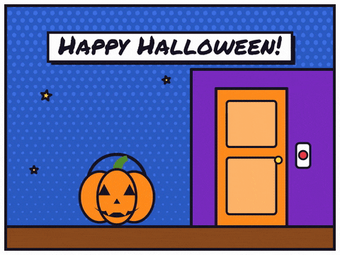 Happy Halloween comic with a ding dong doorbell, a pumpkin bucket shouting trick or treat and a door opening