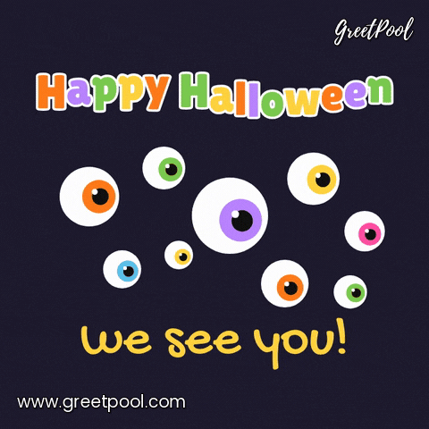 Happy Halloween, we see you, colourful googly eyeballs roll around and blink under hopping rainbow letters