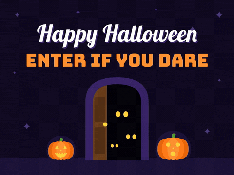Happy Halloween enter if you dare with a creaking haunted door opening on blinking yellow eyes between two glowing pumpkins
