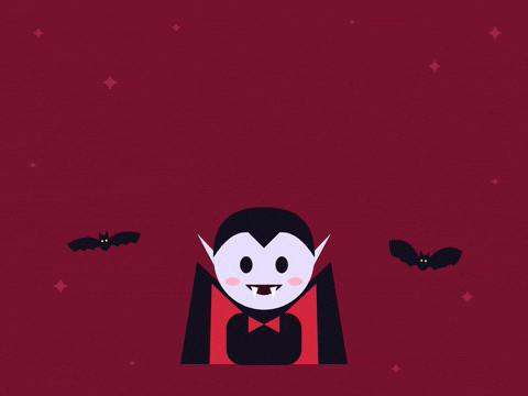 Halloween Fang Tastic Work Team Fang-tastic work, team! Halloween cartoon vampire with a caped collar grinning with fangs beside two flapping bats