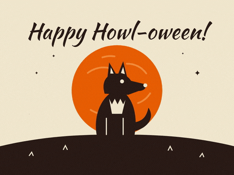 Happy Howl-oween Halloween linocut of a cute werewolf pup howling awooo at a big orange moon
