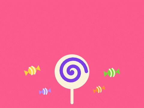 Halloween No Tricks Just Treats No tricks, just treats Halloween spinning purple swirl lollipop with wrapped sweets bobbing on a hot pink background