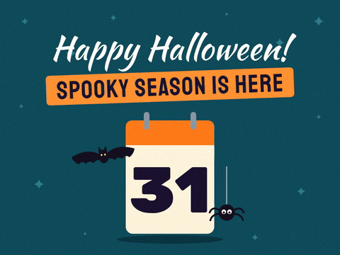Happy Halloween spooky season is here with a calendar page showing 31, a flapping bat and a spider dangling on dark teal
