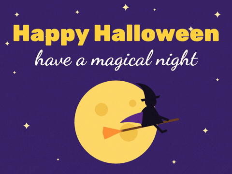 Happy Halloween have a magical night with a witch silhouette flying on a broomstick across a big yellow full moon