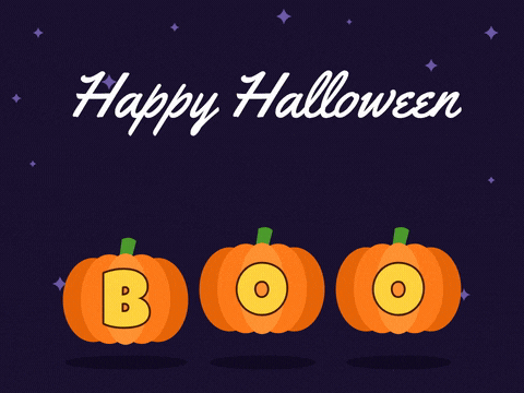 Happy Halloween script above three orange pumpkins carved with the glowing letters B, O, O bouncing in turn at night