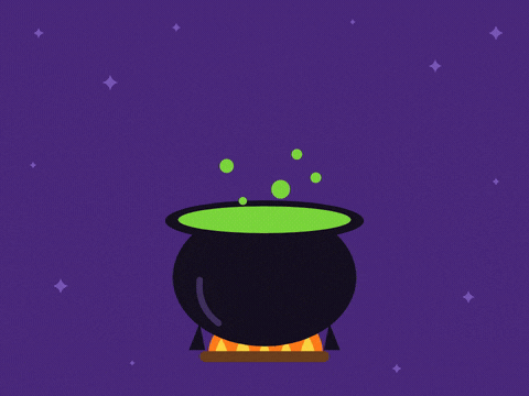 Happy Halloween Bubbling Cauldron Brewing up a happy Halloween with a black witch cauldron bubbling green potion over orange flames on purple