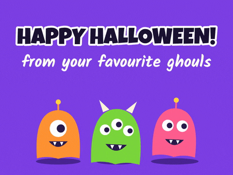 Happy Halloween from your favourite ghouls with three friendly orange, green and pink monsters bobbing on purple