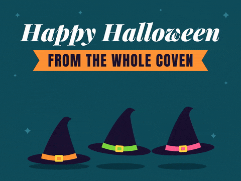 Happy Halloween from the whole coven with three witch hats in orange, green and pink bands bouncing in turn on teal