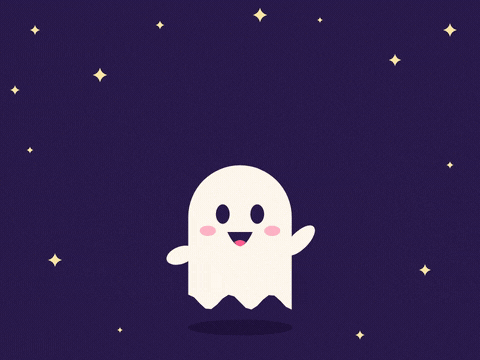 Happy Halloween Ghost Waving Happy Halloween cute white ghost waving hello and bobbing under twinkling stars on a purple night sky