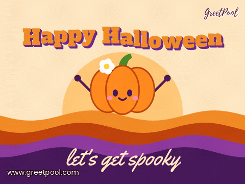 Happy Halloween Groovy Dancing Pumpkin Happy Halloween, let's get spooky, a flower-power pumpkin dances on groovy 70s orange and purple stripes