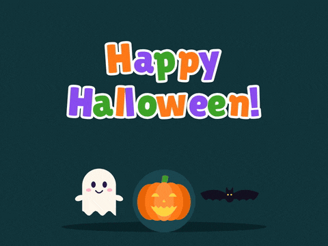 Happy Halloween in orange, purple and green letters hopping in a wave above a small ghost, glowing pumpkin and bat on teal