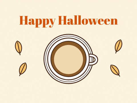 Happy Halloween, have a latte fun, latte art draws a jack-o-lantern face in the foam of a coffee cup