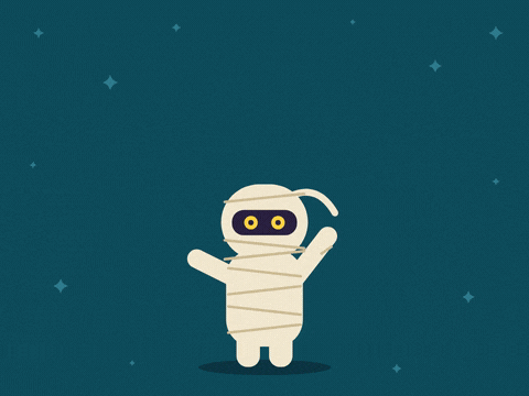 Happy Halloween Mummy Wrapping Up Wrapping up a happy Halloween with a cute bandaged mummy waving, yellow eyes glancing side to side on teal