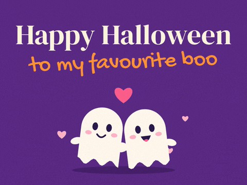 Happy Halloween My Favourite Boo Happy Halloween to my favourite boo with two cute ghosts leaning together under a pulsing pink heart on violet