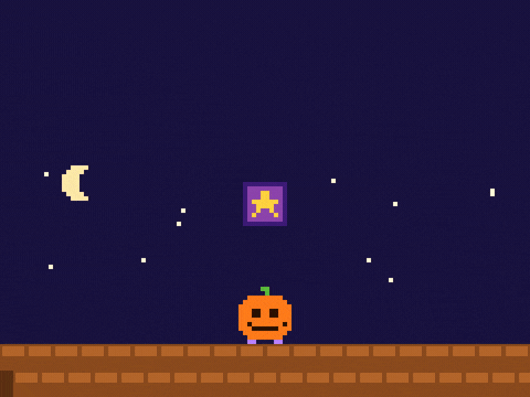 Happy Halloween Pixel Pumpkin Jump Happy Halloween pixel art pumpkin jumping to bump a block as a pink sweet pops out on a night sky
