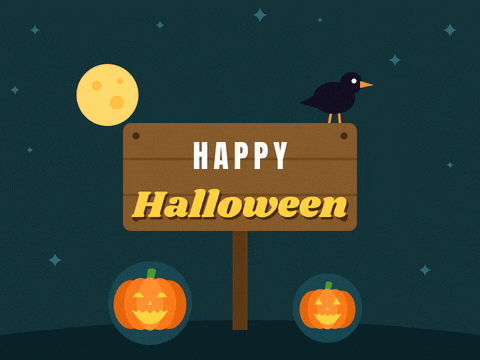 Happy Halloween wooden pumpkin patch sign with a black crow nodding on top and glowing jack-o-lanterns under a moon