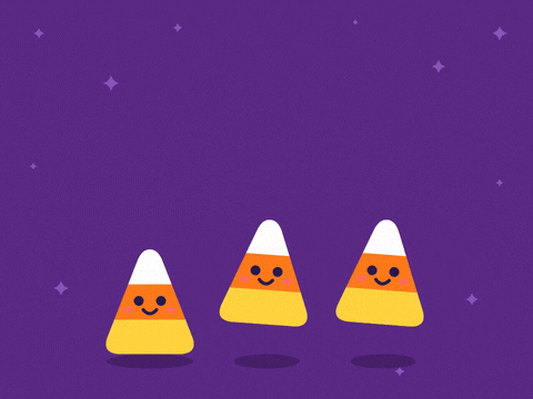 Happy Halloween Sweet Candy Corn You're so sweet happy Halloween with three smiling candy corn characters bouncing in turn on a violet background