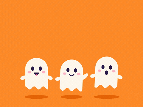 Happy Halloween Team Ghosts Happy Halloween, team! Three friendly white ghosts bobbing and waving side by side on a bright orange background