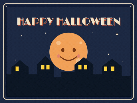 Happy Halloween vintage postcard with a smiling orange moon winking over dark rooftops, spooky greetings