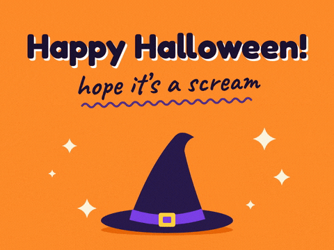 Happy Halloween Witch Hat Bounce Happy Halloween hope it’s a scream with a bouncing purple witch hat and twinkling stars on a bright orange background