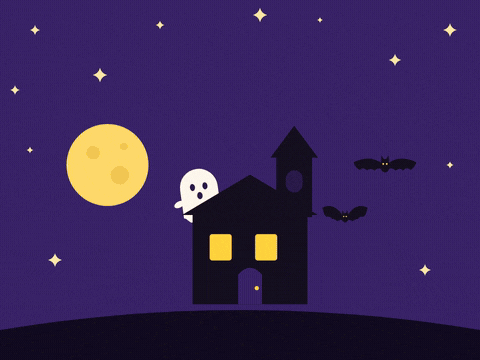 Happy Haunting Halloween House Happy haunting Halloween haunted house on a hill with flickering yellow windows, a peeking ghost, bats and a moon