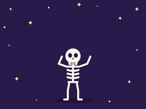 Spooktacular Halloween Skeleton Dance Have a spooktacular Halloween with a white skeleton dancing and swinging its arms on a starry purple night