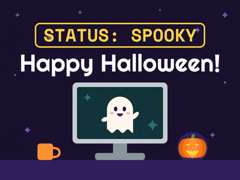 Status: spooky happy Halloween office GIF with a waving ghost on a computer monitor beside a glowing desk pumpkin