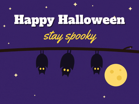 Happy Halloween stay spooky with three black bats hanging upside down from a branch and blinking by a yellow moon