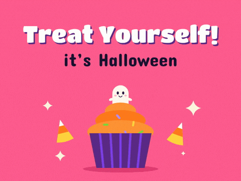 Treat yourself it’s Halloween with an orange frosted cupcake topped by a tiny bobbing ghost and candy corn on hot pink