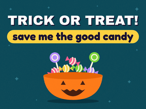 Trick Or Treat Halloween Candy Bowl Trick or treat save me the good candy with an orange pumpkin bowl piled high with wiggling Halloween sweets and lollipops
