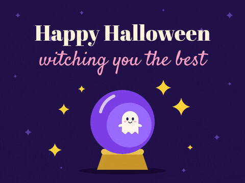 Happy Halloween witching you the best with a purple crystal ball on a gold stand, a tiny ghost floating inside and sparkles
