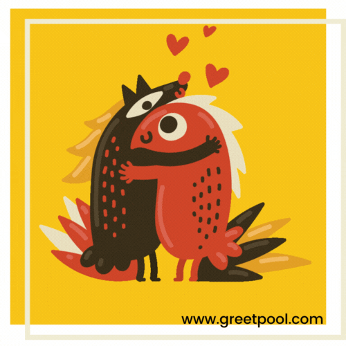 Animated I love you GIF with cute creatures on yellow background