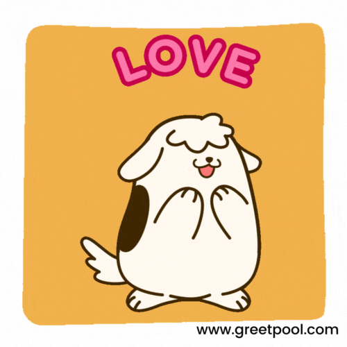 Animated I love you GIF with cute dog on blue background