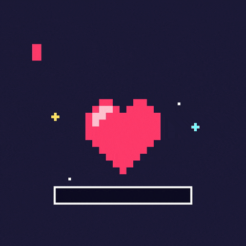 I love you typed in pixel letters above a beating 8-bit heart and a love meter filling up to max