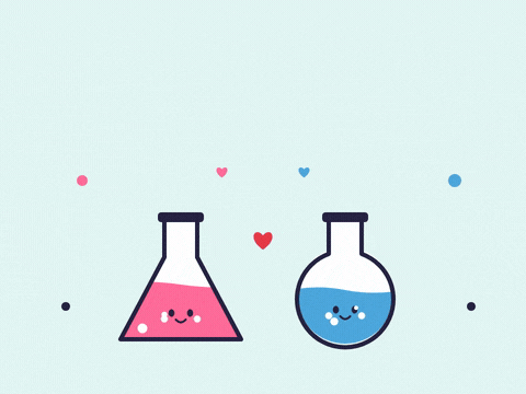 I love you, we've got chemistry, with two smiling lab flasks bubbling hearts that meet in the middle