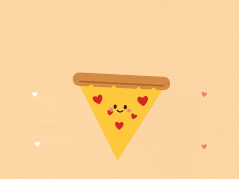 I love you more than pizza, letters dropping in above a smiling pizza slice with heart pepperoni