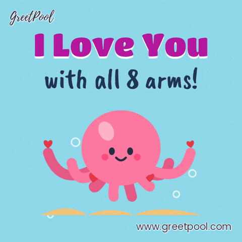 I love you with all 8 arms, a pink octopus waving little red hearts underwater with bubbles