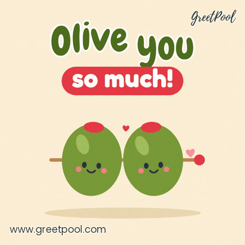 Olive you so much pun with two smiling green olives bobbing on a cocktail pick under floating hearts