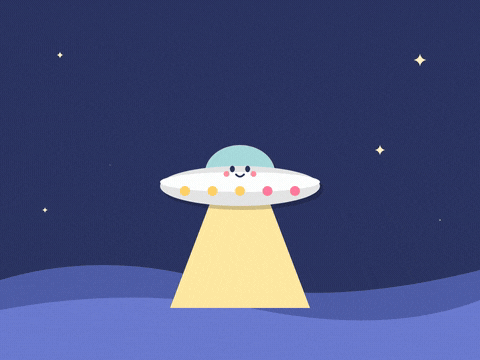 I love you, you're out of this world, as a cute paper-cut UFO beams a red heart up over night hills